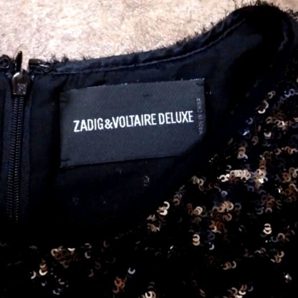 ZADIG & VOLTAIRE SILK BLEND TRUSTY SEQUIN GOLD SILVER EYELASH TRIM BOXY FIT TOP - Picture 15 of 16